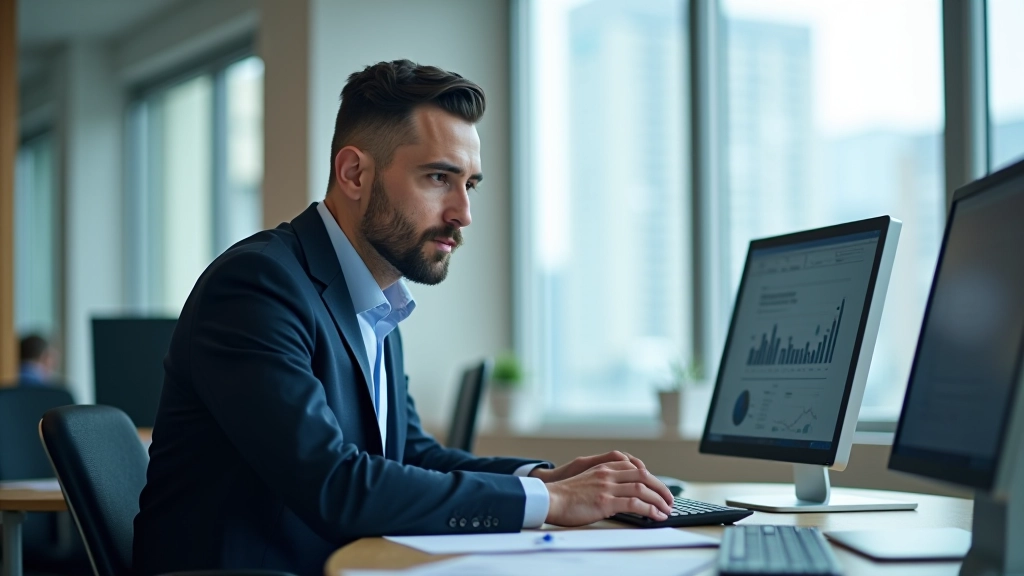 Financial professional reviewing performance charts and analytics on computer screen
