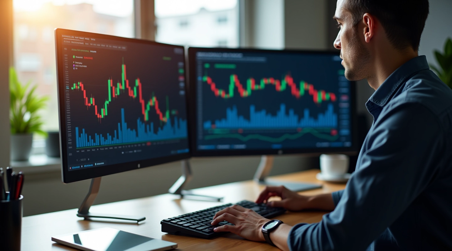 Financial analyst workspace with multiple monitors and charts displaying learning algorithms