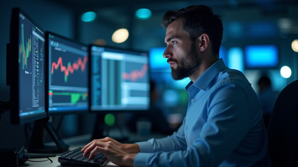 Financial professional at trading desk with laptop and financial data displayed on multiple screens
