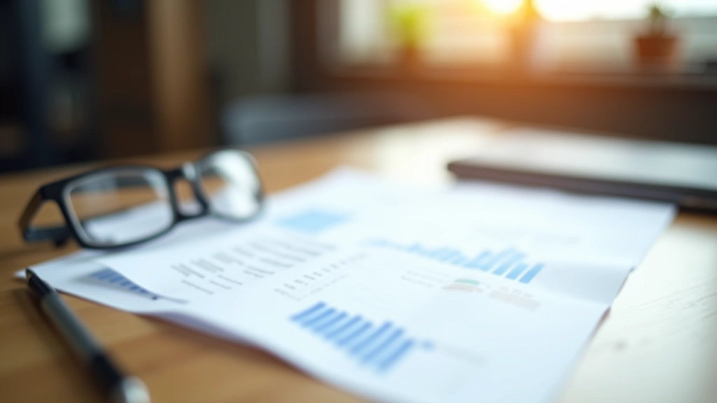 Printed financial reports and charts spread across a wooden desk with a coffee cup and glasses