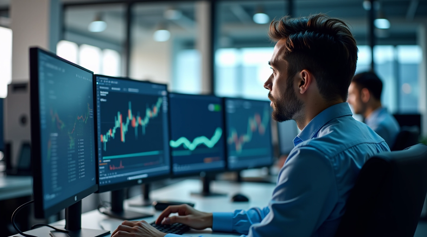 Professional portfolio management workspace with analytics displays