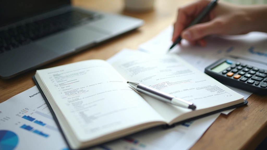Open notebook with financial notes and portfolio rebalancing strategies written alongside charts