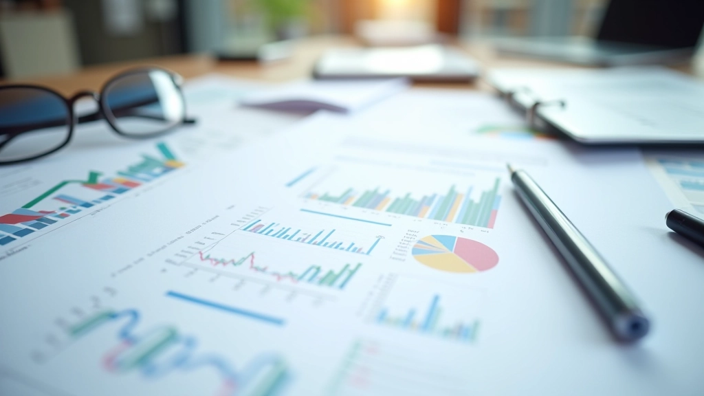 Financial report and investment documents spread on a desk with charts showing growth trends and risk analysis