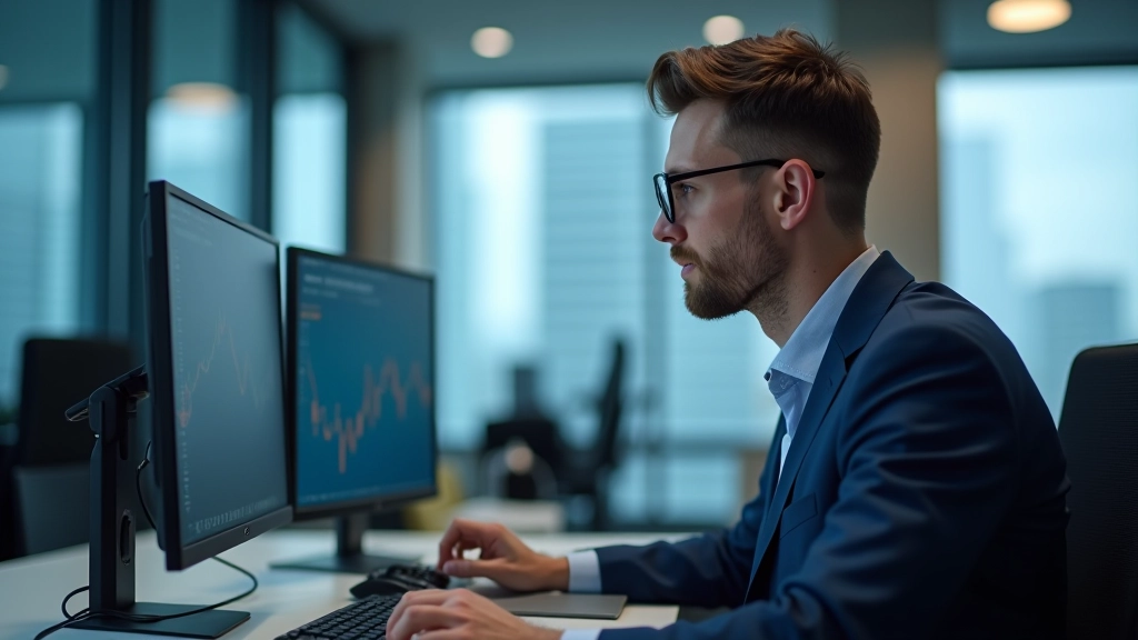 Trader working at desk analyzing market data with multiple screens showing stock performance charts